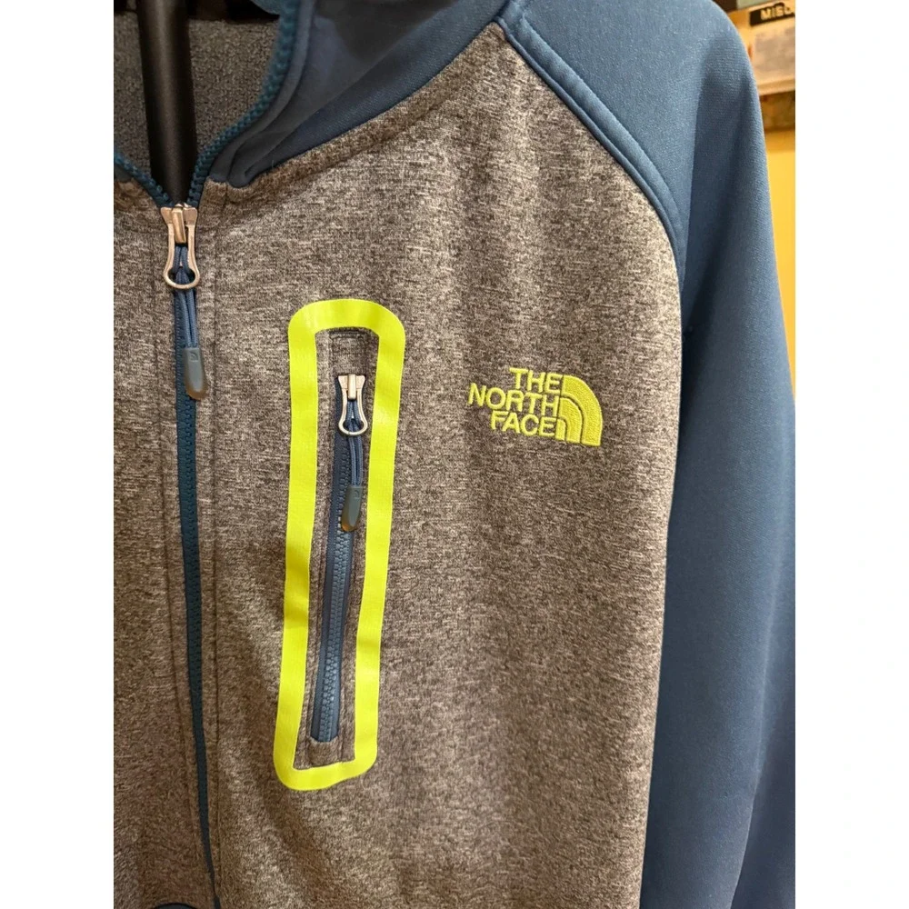 The North Face Mens Full Zip Hoodie Grey Blue Neon Yellow Logo Fleece Jacket